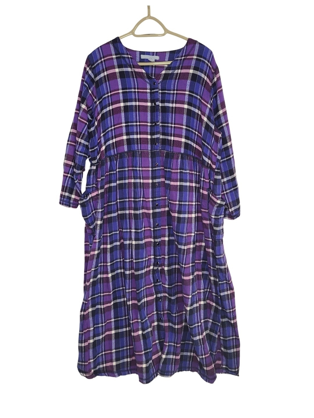 Only Necessities Purple Plaid Cotton Snap Front Maxi Dress Pockets Size 18/20 L